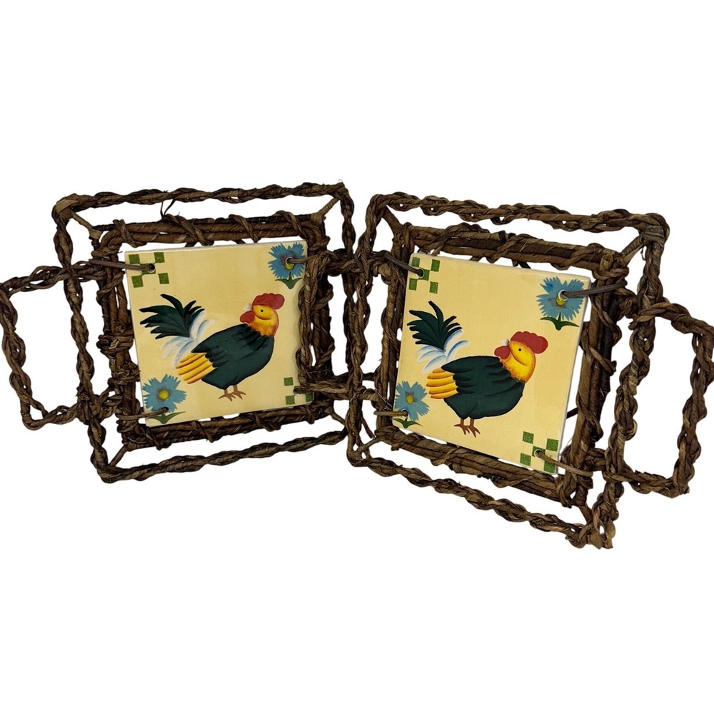 VTG Rooster Trivet Set 2 Yellow Cottagecore Woven Rattan Ceramic Tile Farmhouse